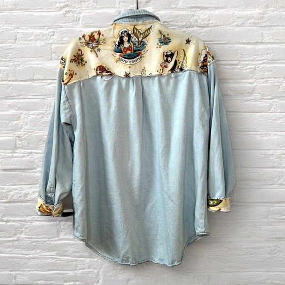 ⭐️ The Nu Vintage Denim Chambray Vintage Pin Up Style Button Down Shirt Jacket L - Picture 3 of 16